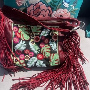 Moonwater small wine leather winterberry boho custom beaded bag with braided str
